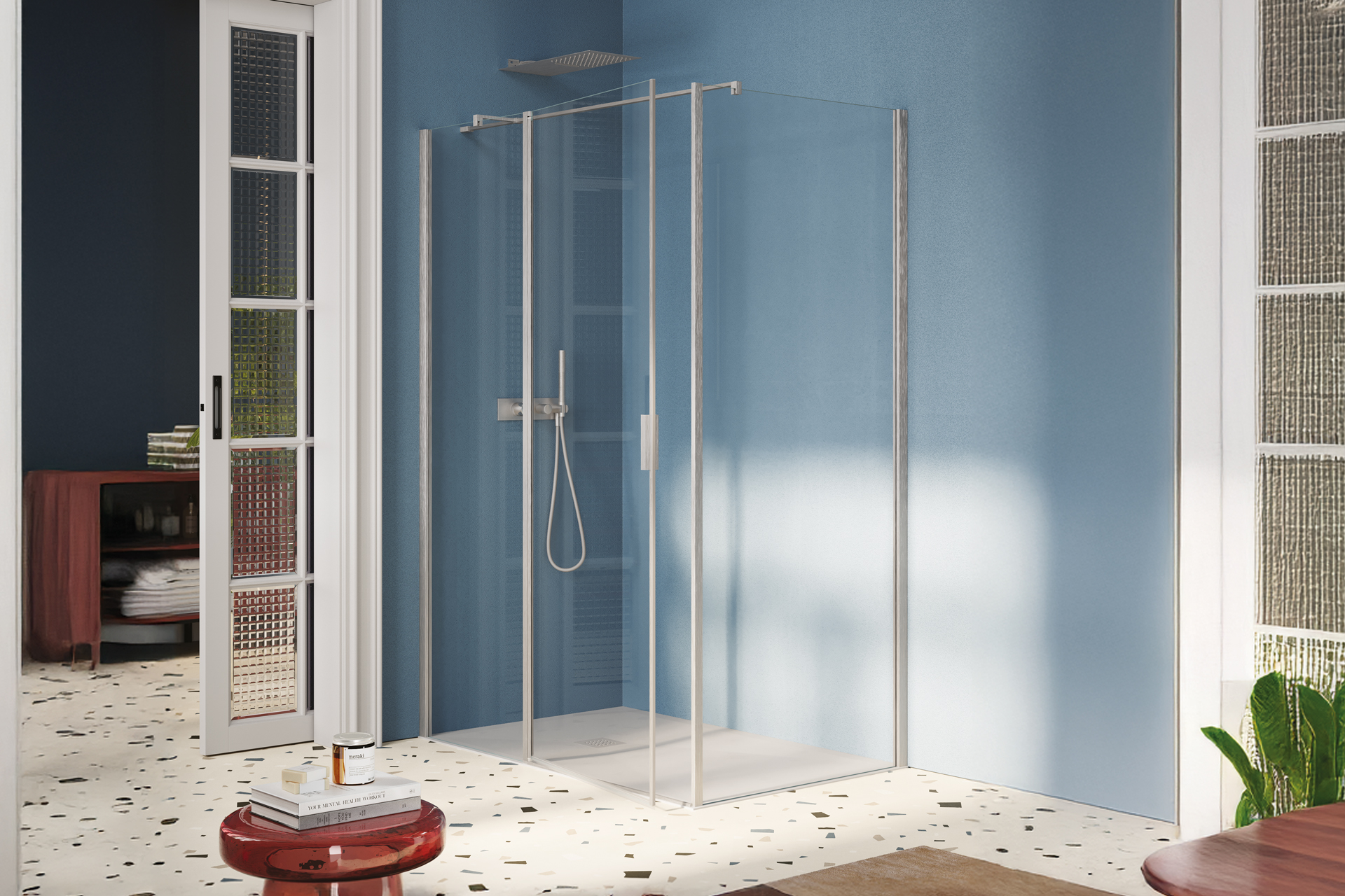 Porta battente con fisso in linea + parete fissa