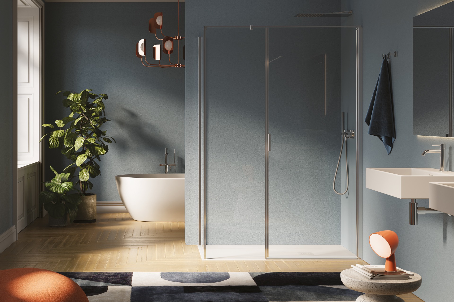 Porta battente su fisso in linea + Parete fissa