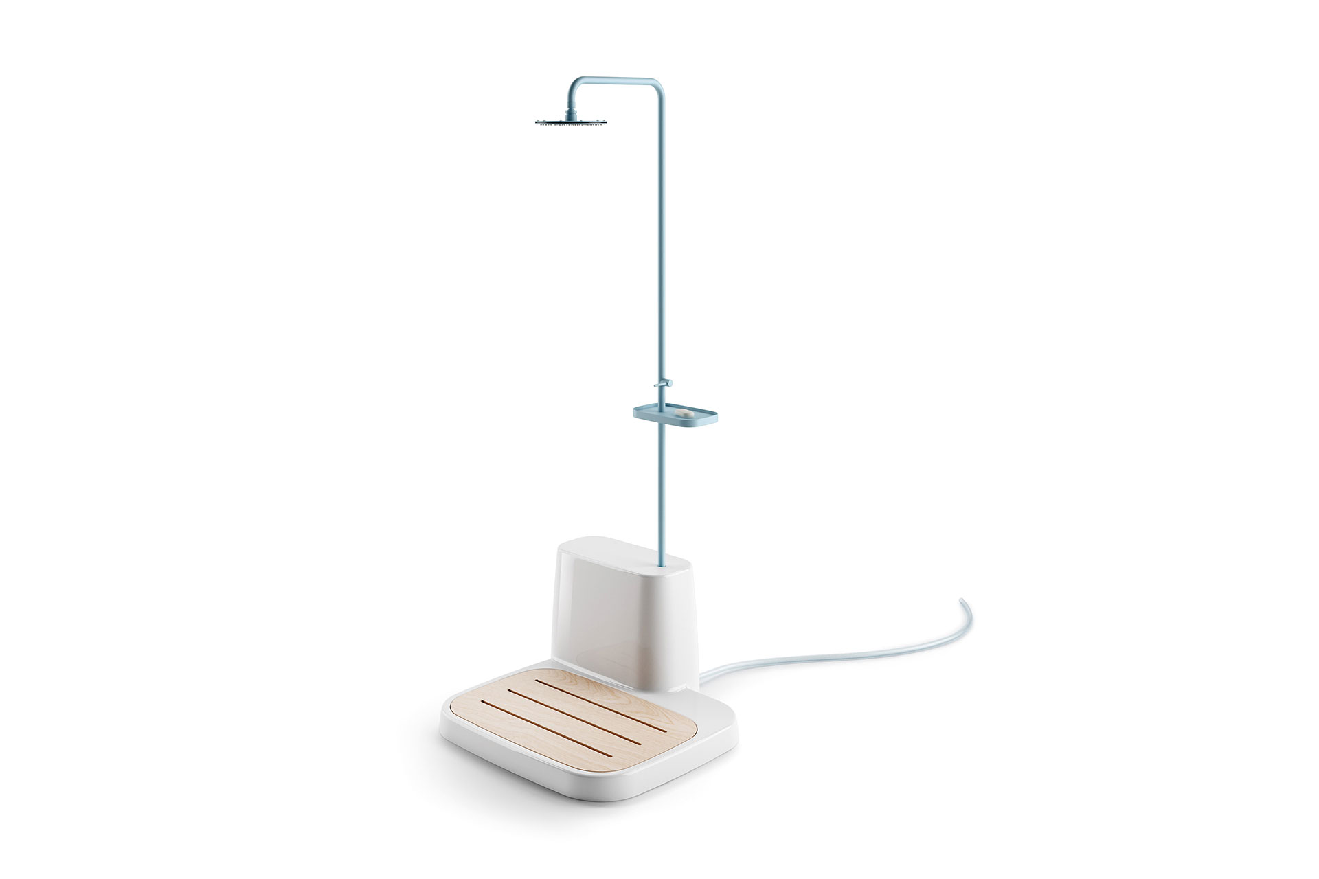 Outdoor movable shower. Polyethylene base, dust painted metal tubular and shower head